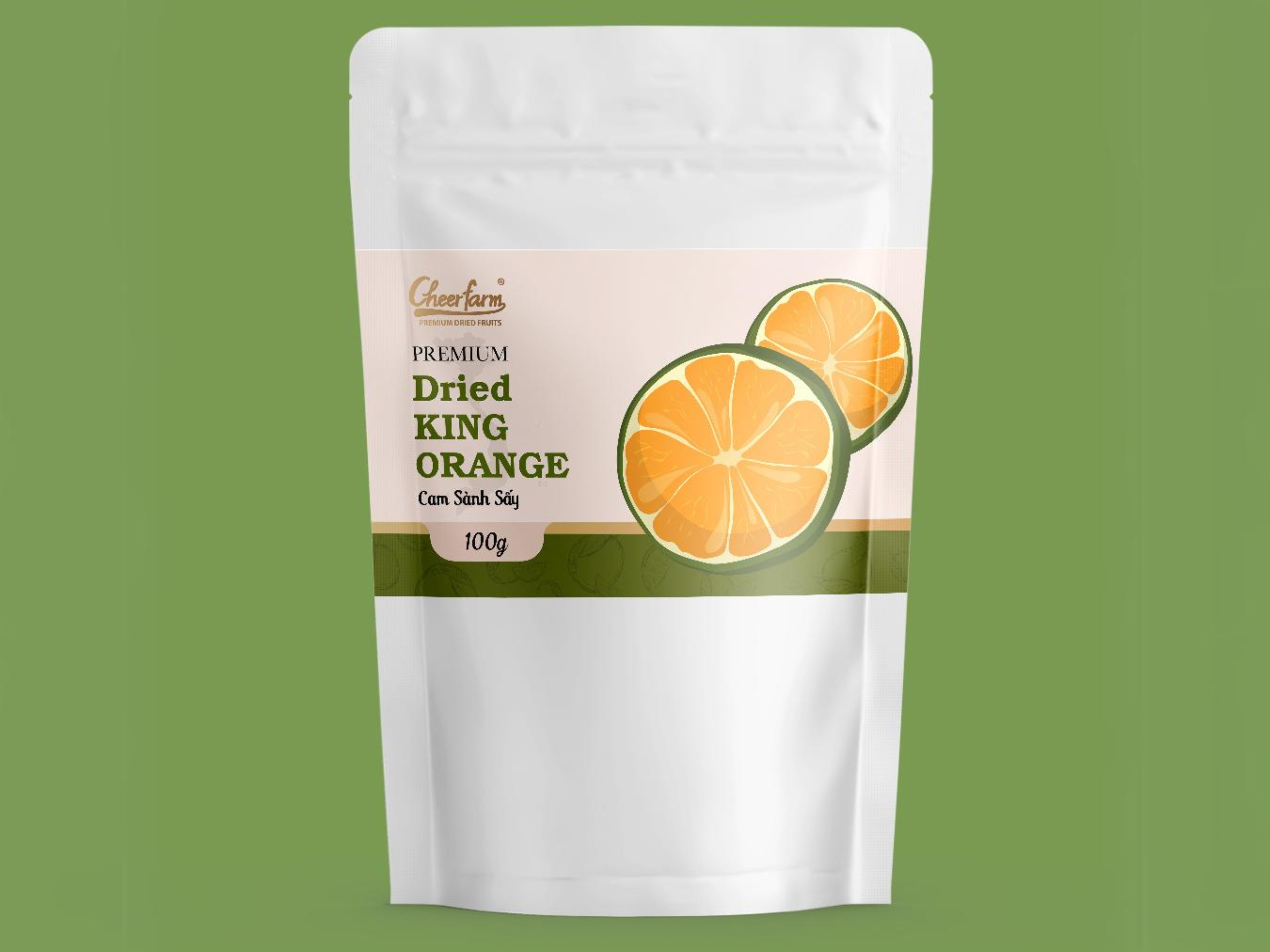 Packaging king orange in cheerfarm, premium dried fruits